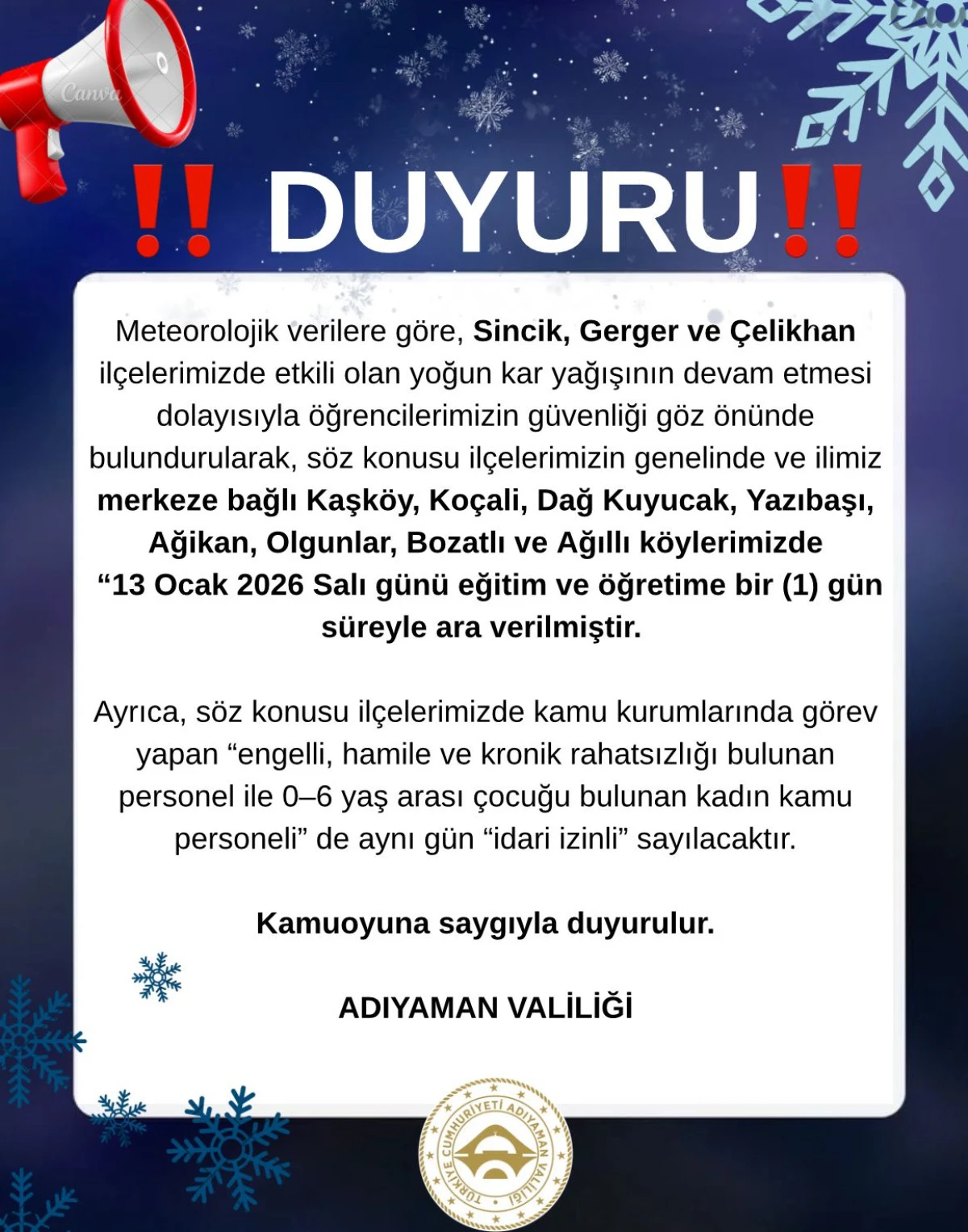 Adıyaman&rsquo;da Bazı İl&ccedil;e Ve K&ouml;ylerde Eğitime 1 G&uuml;n Ara