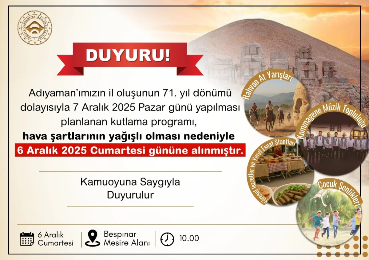 Adıyaman, 71. İl Yılını Şenliklerle Kutlayacak: Tarih 1 Gün Öne Alındı