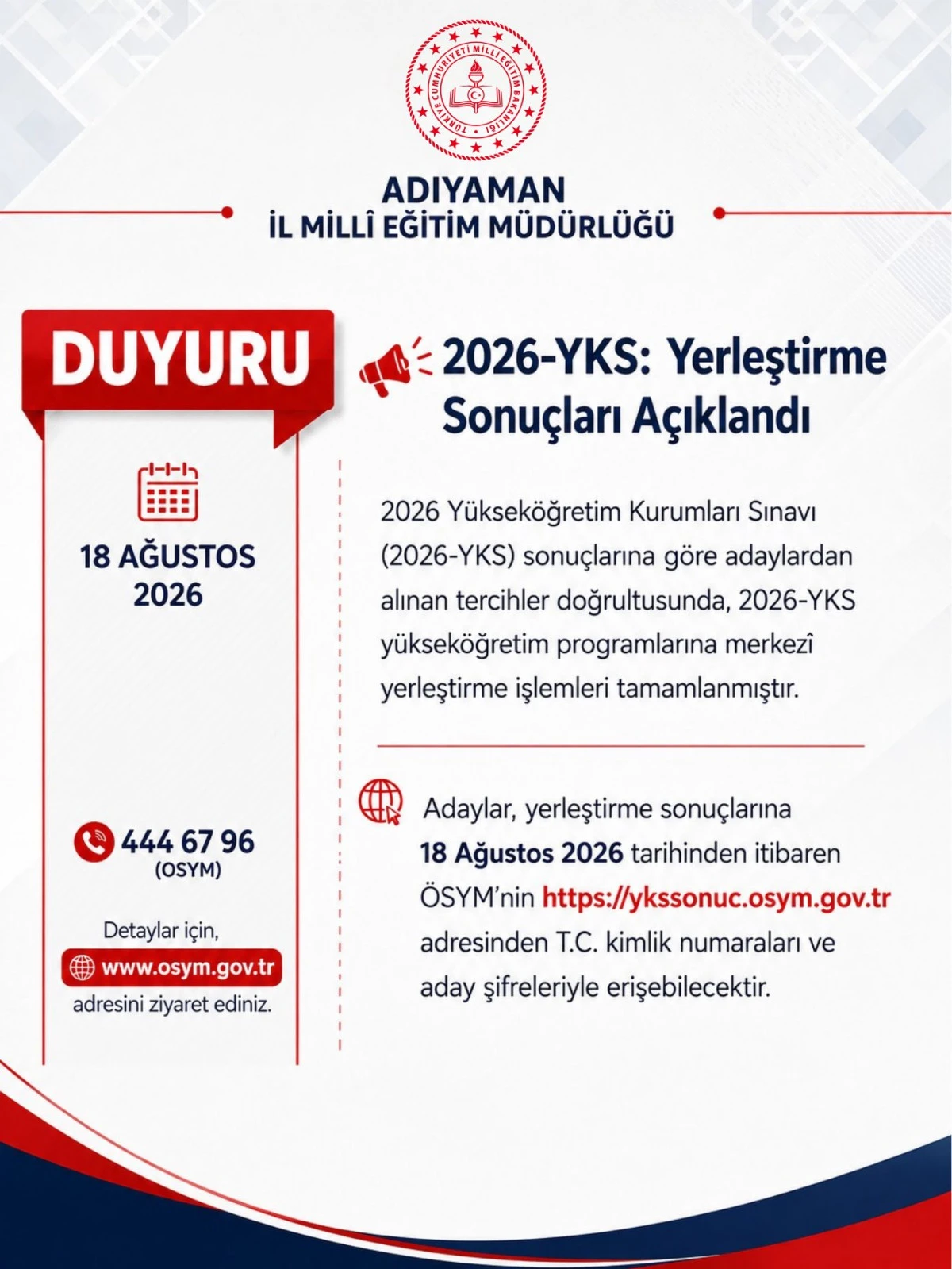 Adıyaman İl Mill&icirc; Eğitim M&uuml;d&uuml;rl&uuml;ğ&uuml;&rsquo;nden YKS Başarısı Mesajı