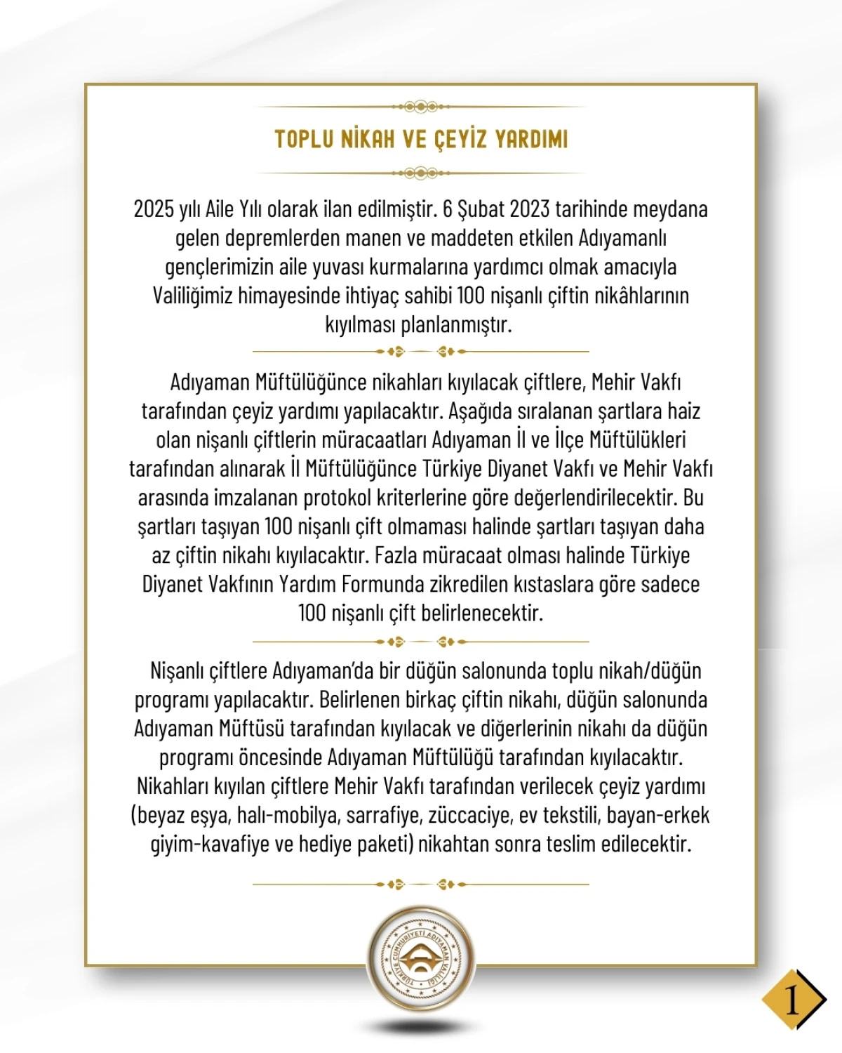 ADIYAMAN TOPLU NİKÂH VE ÇEYİZ YARDIMI DUYURUSU