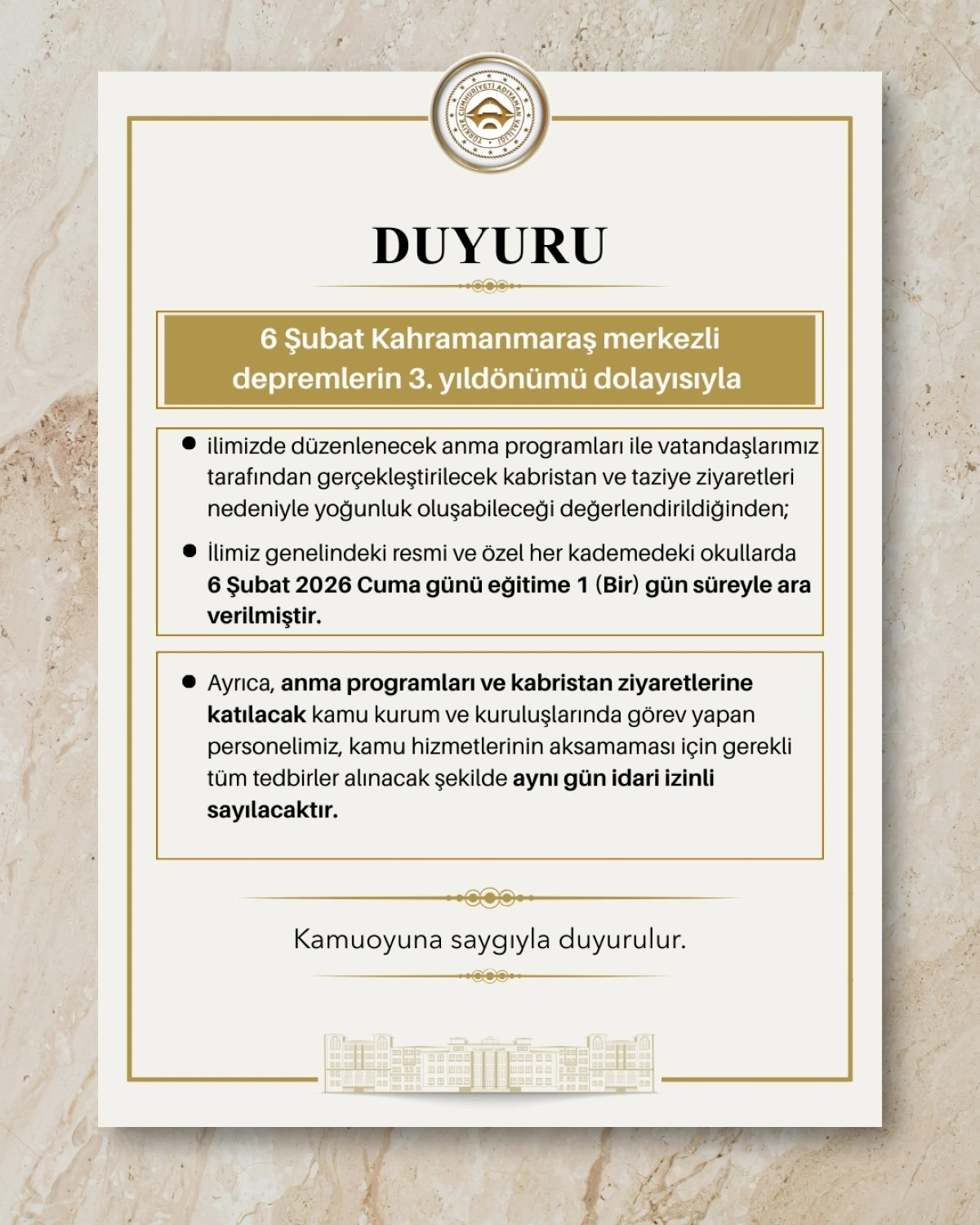 Adıyaman&rsquo;da 6 Şubat&rsquo;ta Okullara 1 G&uuml;nl&uuml;k Tatil