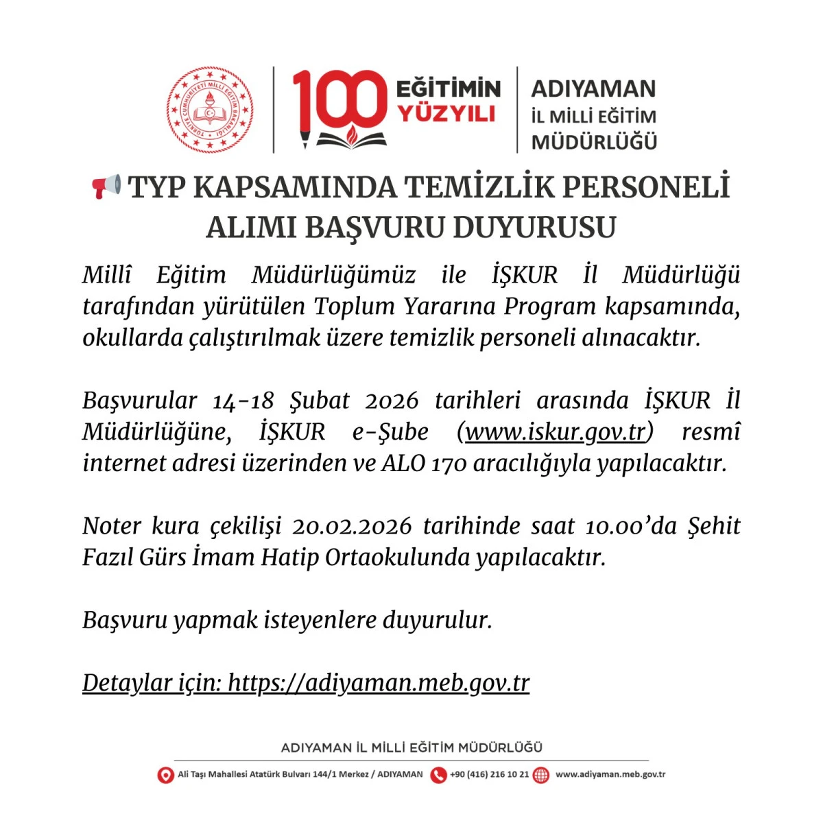 Adıyaman&rsquo;da Okullara Temizlik Personeli Alımı
