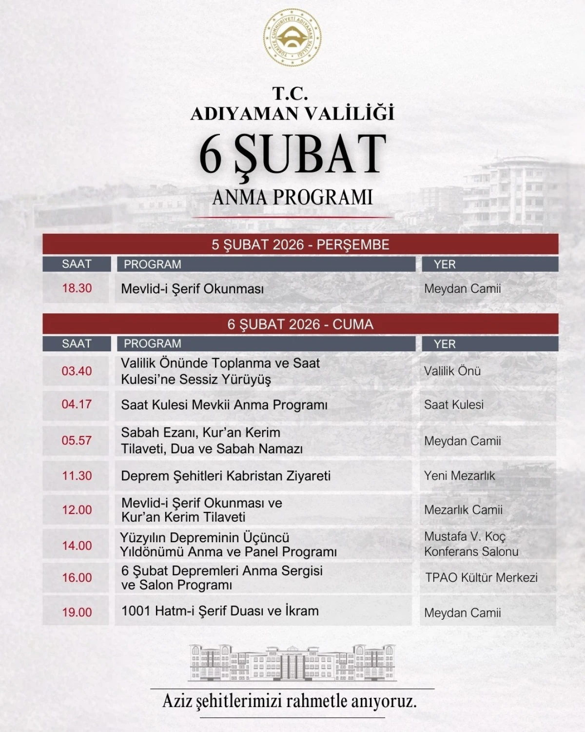 Asrın Felaketinin 3. Yılında Deprem Şehitleri Anılacak