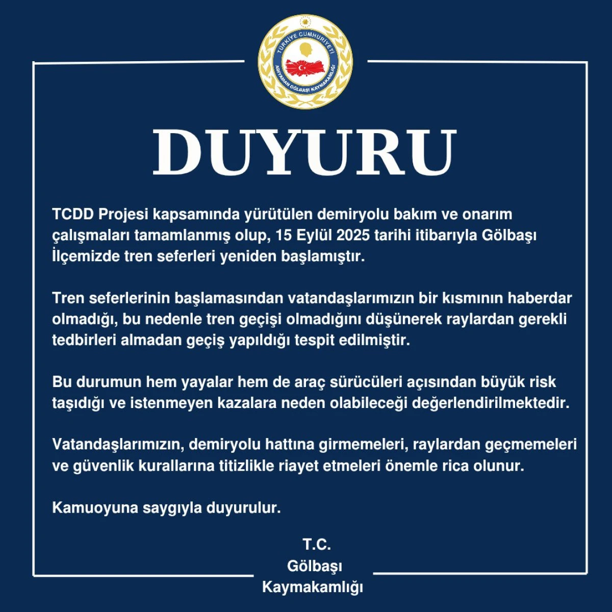 Gölbaşı’nda Tren Seferleri Yeniden Başladı: Vatandaşlara Uyarı