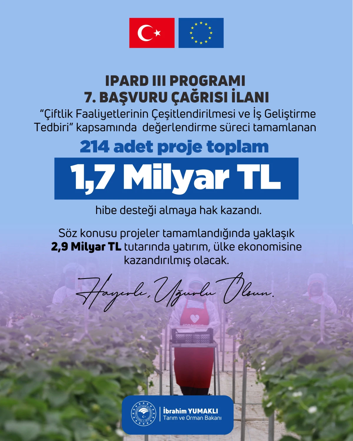 IPARD-III Kapsamında 214 Projeye 1,7 Milyar Lira Hibe Verilecek