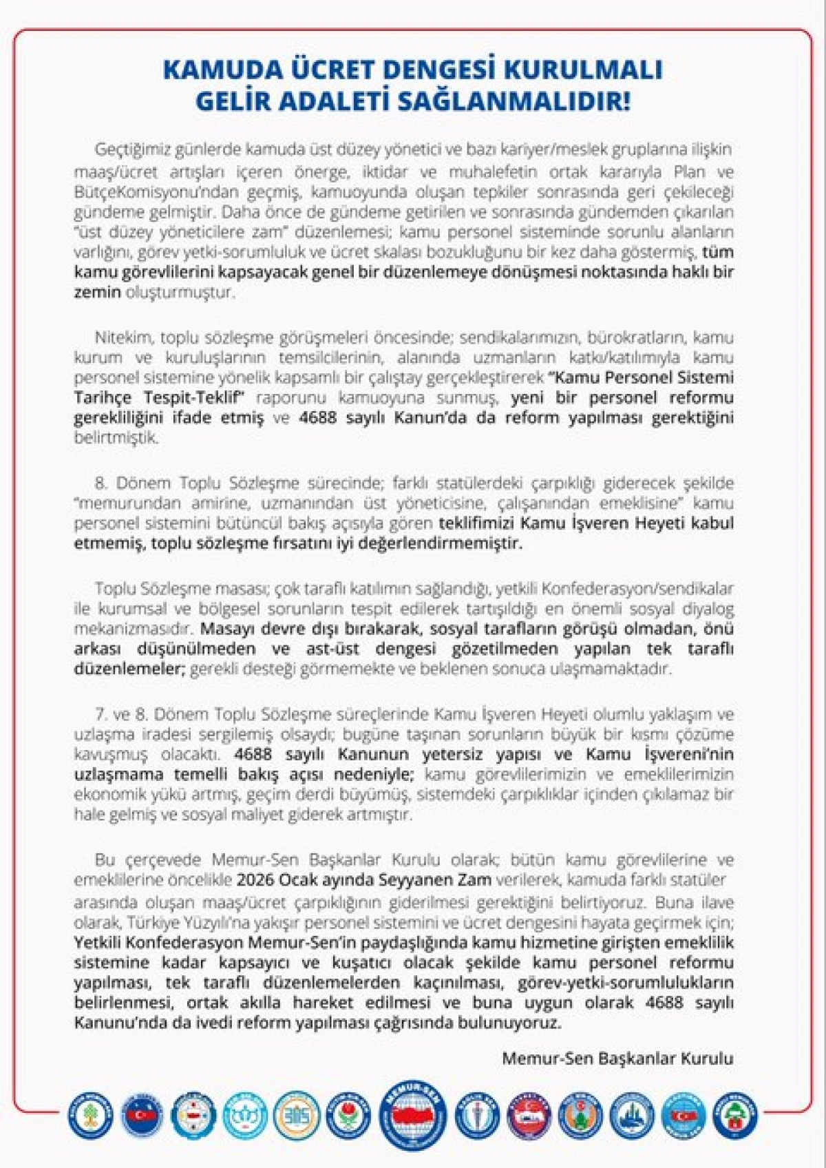 Kamu Ücret Dengesi ve Gelir Adaleti Sağlanmalı!