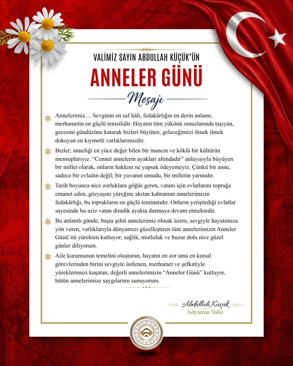 VALİ ABDULLAH K&Uuml;&Ccedil;&Uuml;K&rsquo;&Uuml;N &ldquo;ANNELER G&Uuml;N&Uuml;&rdquo; MESAJI